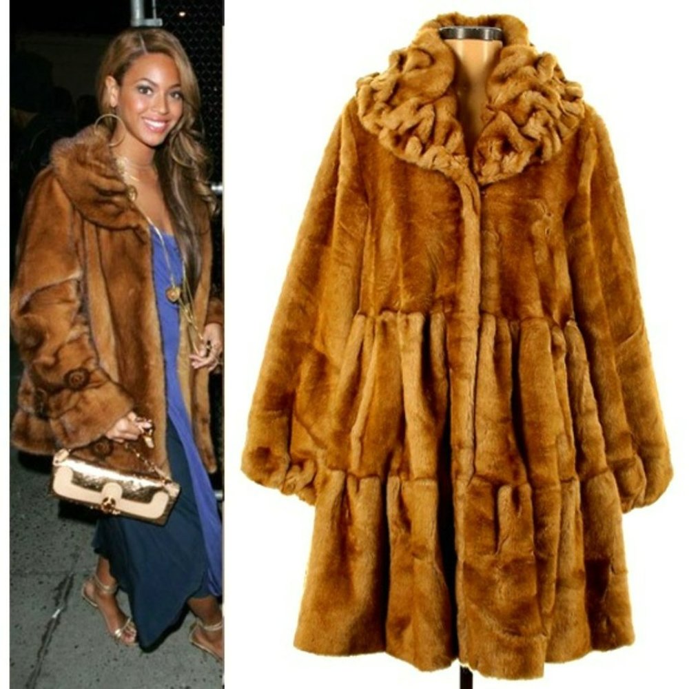 💥GLAM SHOWSTOPPER!💥VINTAGE1940s STYLE FAUX MINK FUR COAT in WHISKEY